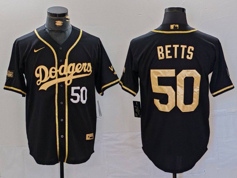 Men Los Angeles Dodgers 50 Betts Black gold Fashion Nike Game MLB Jersey style 7063
